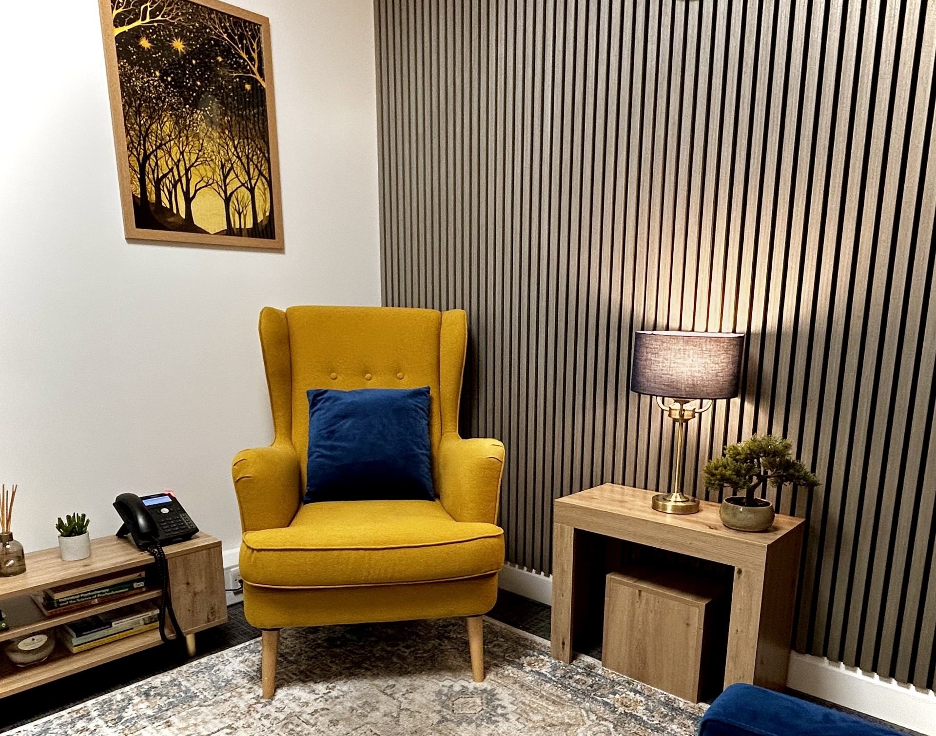 Therapy room at Leamington Psychology — a calm, comfortable space for sessions